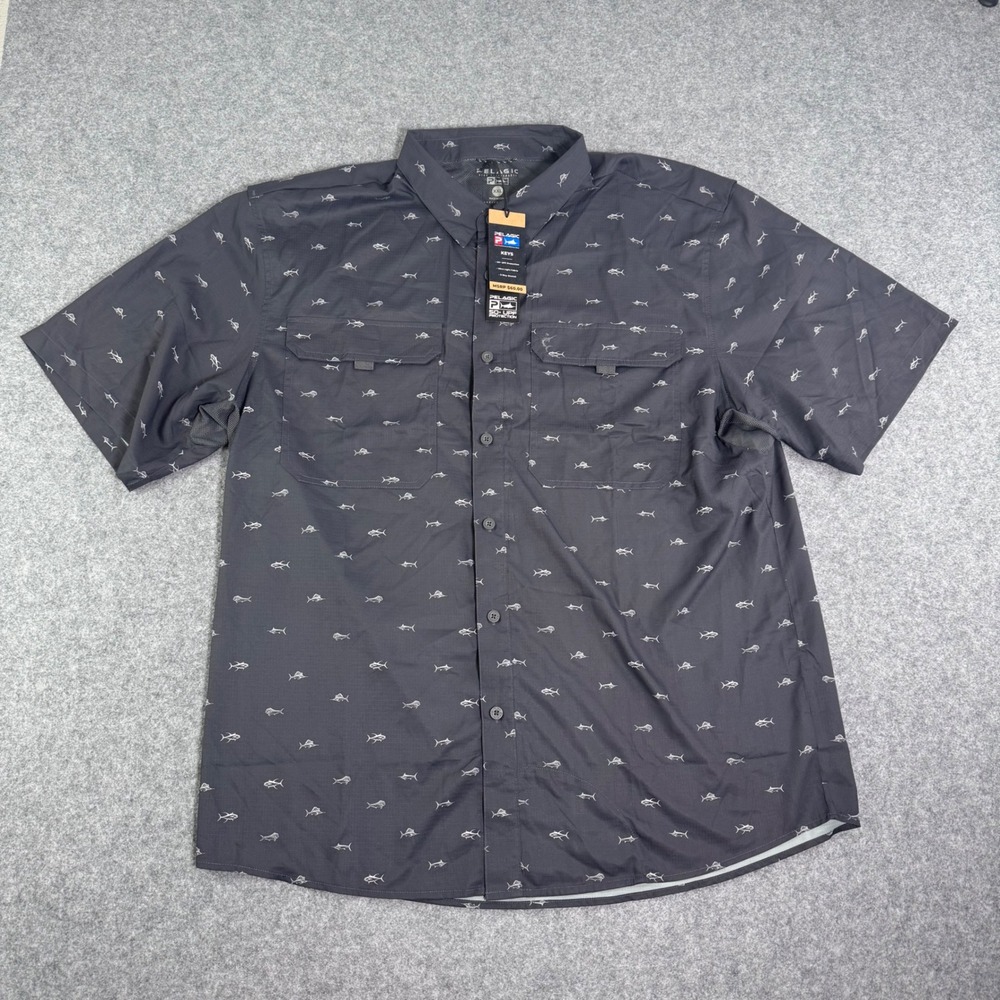 Pelagic Keys Mens XXL Fishing Shirt Gray Fish Print UPF 50 Short Sleeve NWT